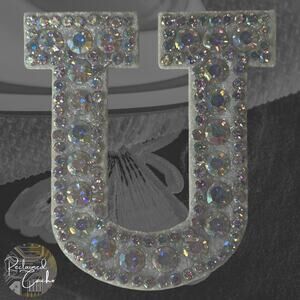 Iridescent Letter U Iridescent Rhinestone Iron On Patch